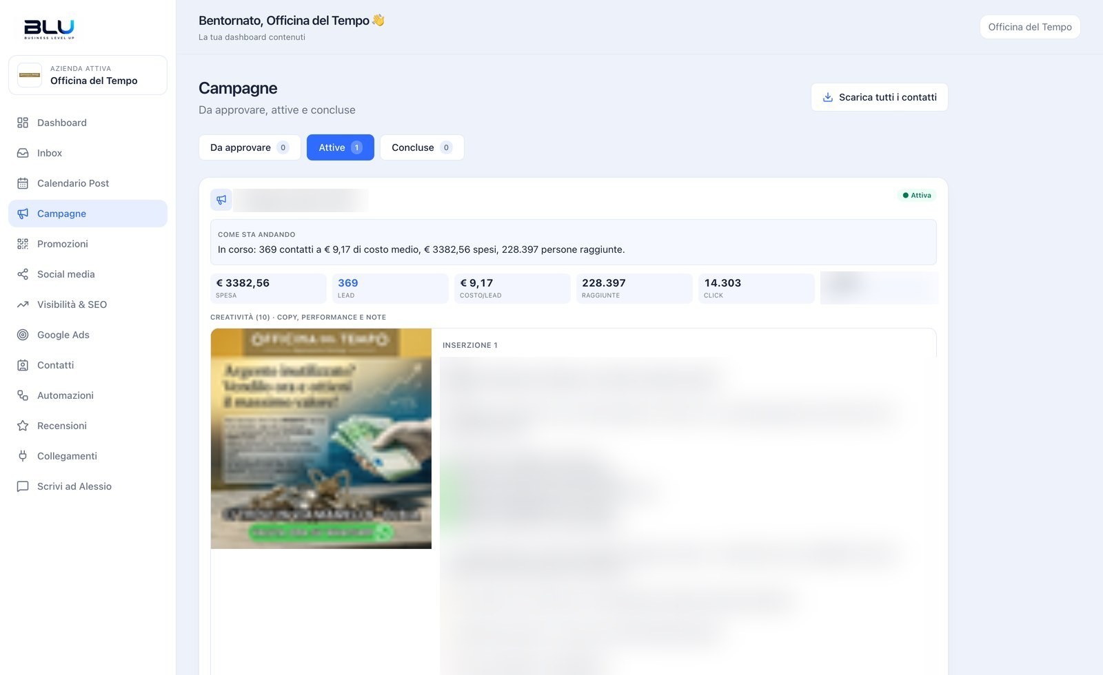La dashboard reale: sezione campagne del compro oro che seguiamo